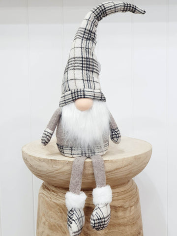 Sitting Gnome - Tartan 60cm Cream/Brown